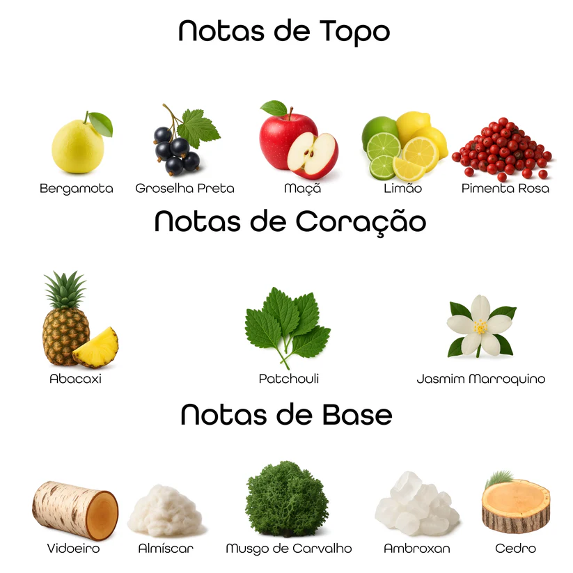 Imagem com notas olfativas do perfume divididas entre topo, coração e base, incluindo bergamota, groselha preta, maçã, limão, pimenta rosa, abacaxi, patchouli, jasmim marroquino, vidoeiro, almíscar, musgo de carvalho, ambroxan e cedro