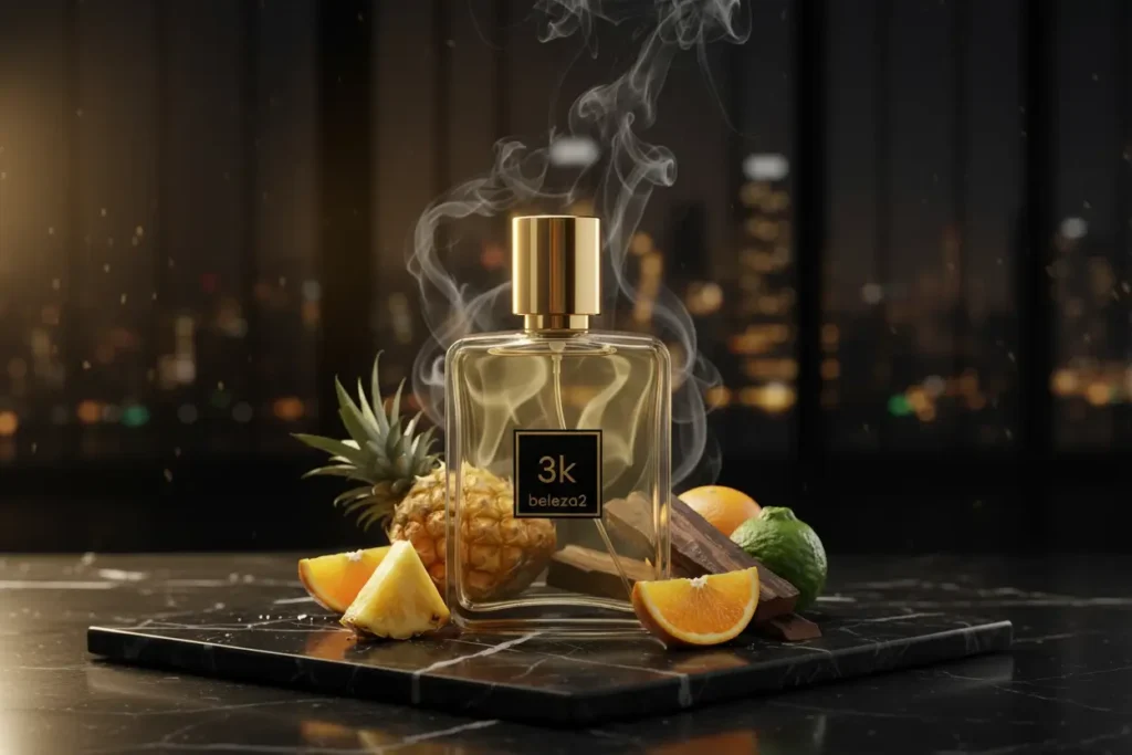Perfume 3K da Beleza2 inspirado no Aventus em cenário sofisticado escuro com abacaxi, madeiras nobres e atmosfera luxuosa masculina