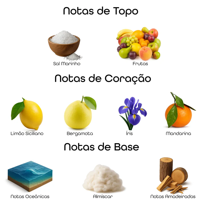 Imagem com notas olfativas do perfume divididas entre topo, coração e base, incluindo sal marinho, frutas, limão siciliano, bergamota, íris, mandarina, notas oceânicas, almíscar e notas amadeiradas