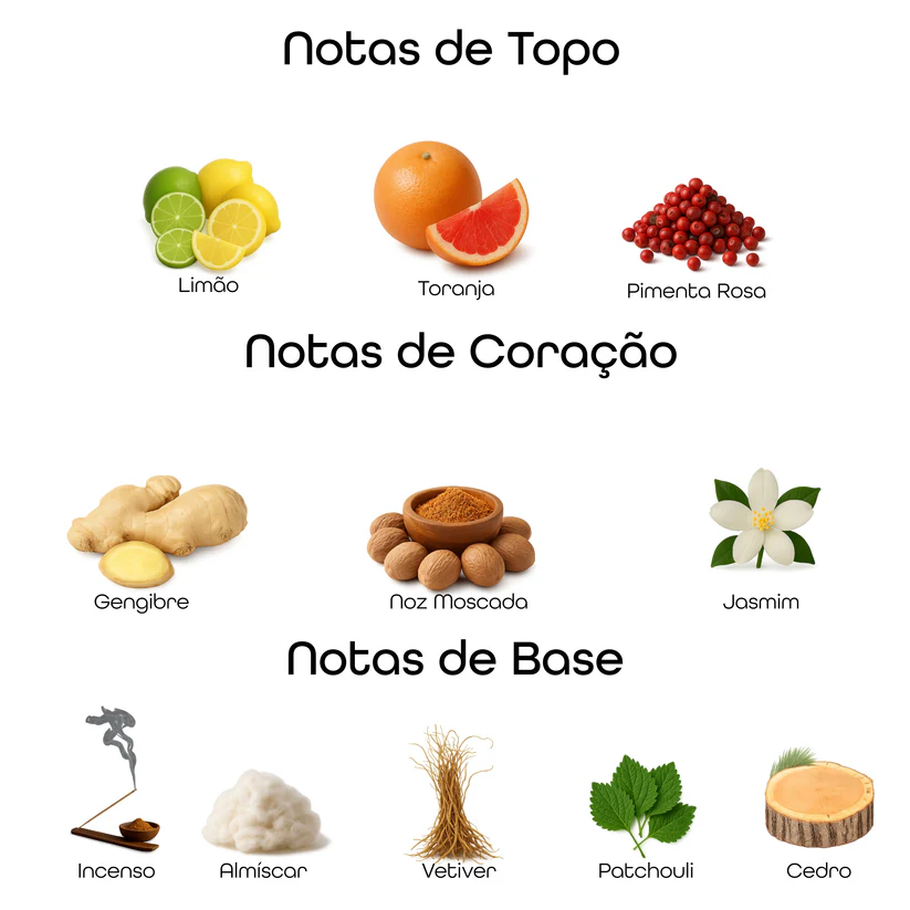 Imagem com notas olfativas do perfume divididas entre topo, coração e base, incluindo limão, toranja, pimenta rosa, gengibre, noz moscada, jasmim, incenso, almíscar, vetiver, patchouli e cedro