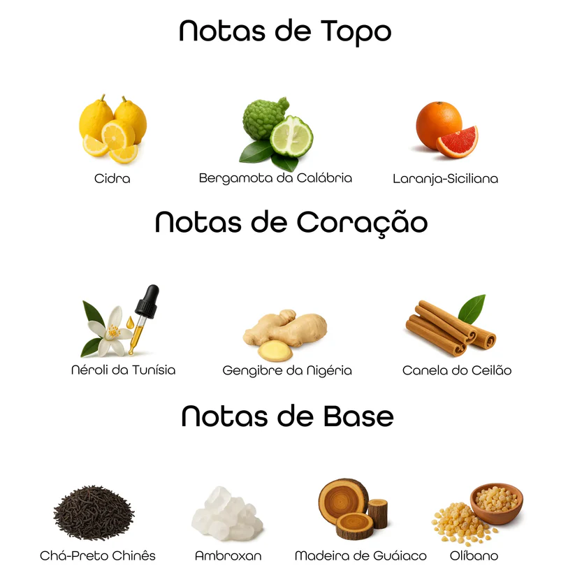 Imagem com notas olfativas do perfume divididas entre topo, coração e base, incluindo cidra, bergamota da Calábria, laranja-siciliana, néroli da Tunísia, gengibre da Nigéria, canela do Ceilão, chá-preto chinês, ambroxan, madeira de guáiaco e olíbano