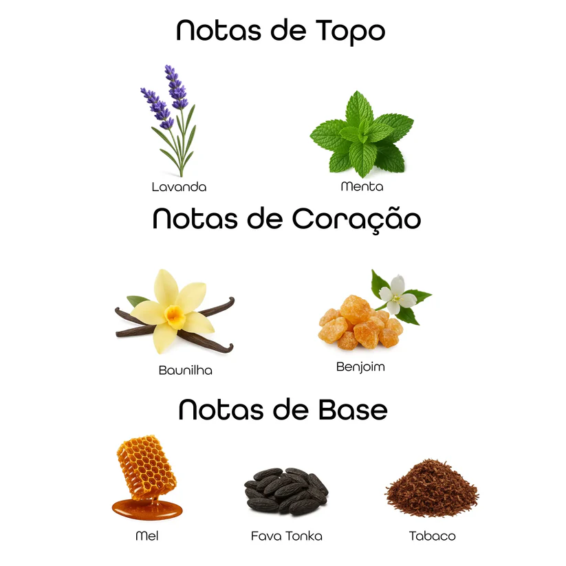 Imagem com notas olfativas do perfume divididas entre topo, coração e base, incluindo lavanda, menta, baunilha, benjoim, mel, fava tonka e tabaco