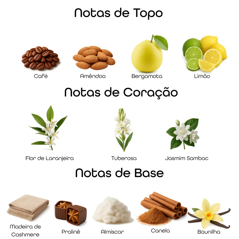 Imagem com notas olfativas do perfume divididas entre topo, coração e base, incluindo café, amêndoa, bergamota, limão, flor de laranjeira, tuberosa, jasmim sambac, madeira de cashmere, praliné, almíscar, canela e baunilha