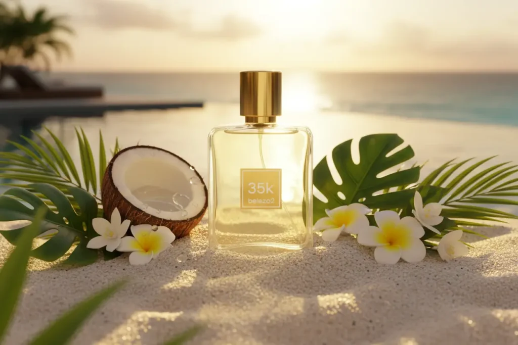 Perfume 3.5K da Beleza2 inspirado no Soleil Blanc em cenário tropical luxuoso com coco, flores brancas e atmosfera sofisticada de verão