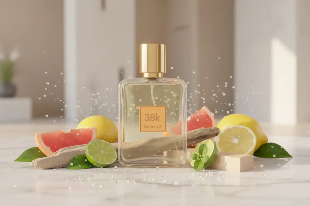 Perfume 3.8K da Beleza2 inspirado no Perseus em cenário sofisticado claro com frutas cítricas e atmosfera luxuosa moderna