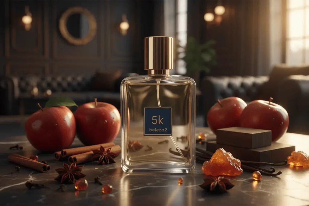 Perfume 5K da Beleza2 inspirado no Layton em cenário sofisticado escuro com maçãs, especiarias e atmosfera luxuosa masculina