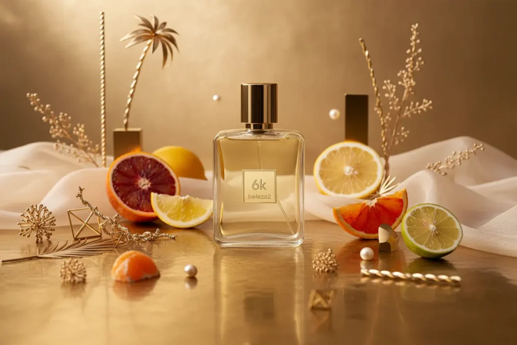 Perfume 6K da Beleza2 inspirado no Millesime Imperial em cenário dourado sofisticado com atmosfera de luxo, riqueza e elegância premium