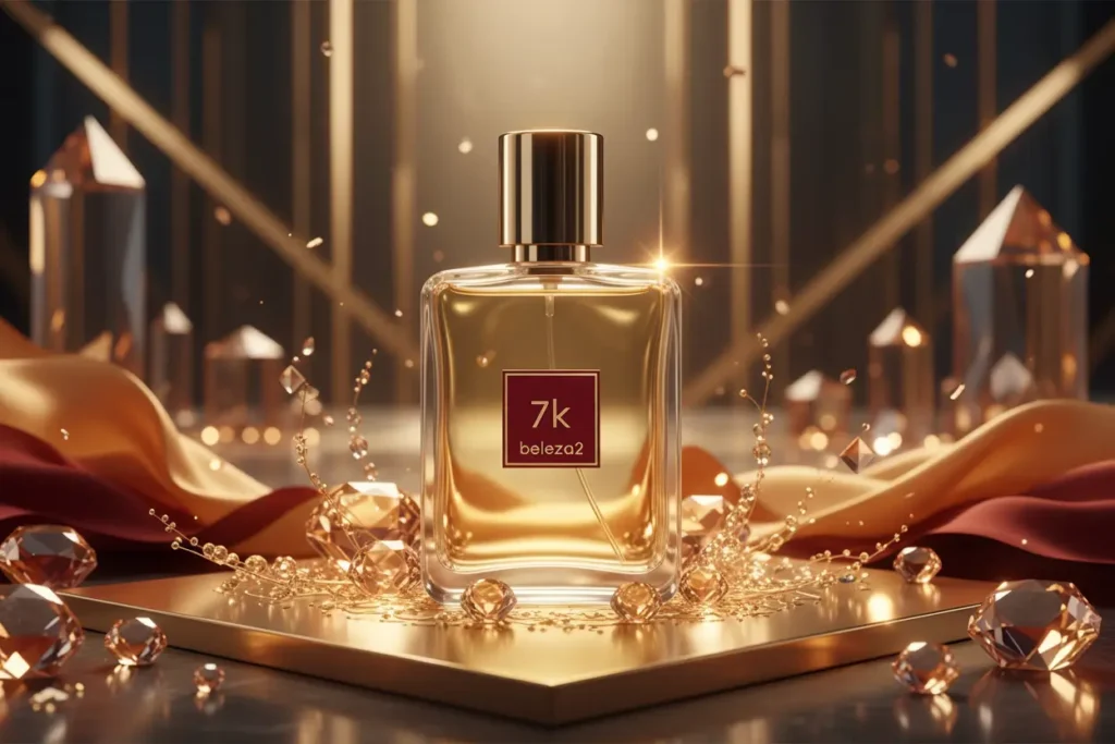Perfume 7K da Beleza2 inspirado no Baccarat Rouge 540 em cenário dourado sofisticado com cristais e atmosfera luxuosa premium