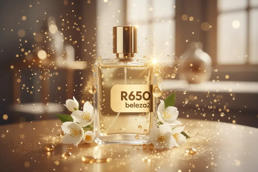 Frasco do perfume R650 da Beleza2 inspirado no Million Gold For Her Rabanne Eau de Parfum em cenário dourado luxuoso com flores brancas, brilho sofisticado e essência francesa