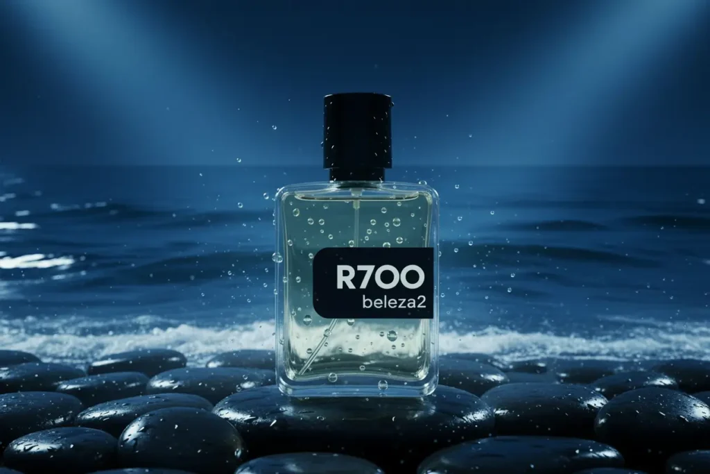 Perfume R700 da Beleza2 inspirado no Acqua di Giò Profondo em cenário marítimo sofisticado com pedras molhadas e iluminação azul