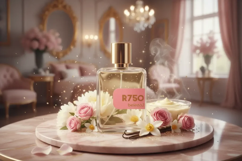 Perfume R750 da Beleza2 inspirado no La Vie Est Belle com flores delicadas, baunilha e cenário luxuoso feminino