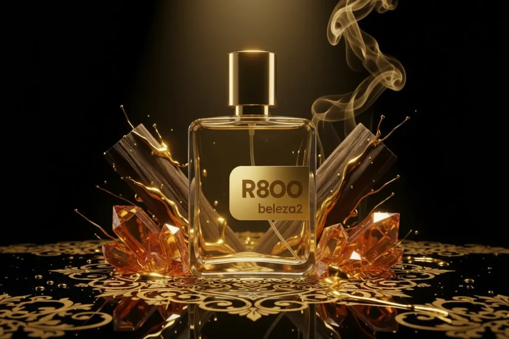 Perfume R800 da Beleza2 inspirado no 1 Million Gold em cenário preto e dourado luxuoso com atmosfera sofisticada masculina