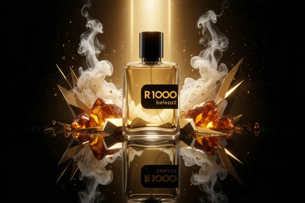 Perfume R1000 da Beleza2 inspirado no Invictus Victory Elixir em cenário luxuoso escuro com âmbar, baunilha e iluminação dourada