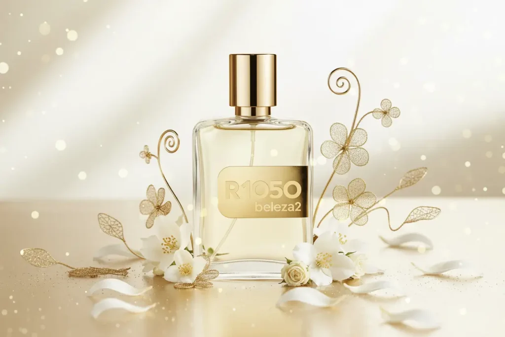 Perfume R1050 da Beleza2 inspirado no J'adore em cenário dourado sofisticado com flores delicadas e atmosfera luxuosa