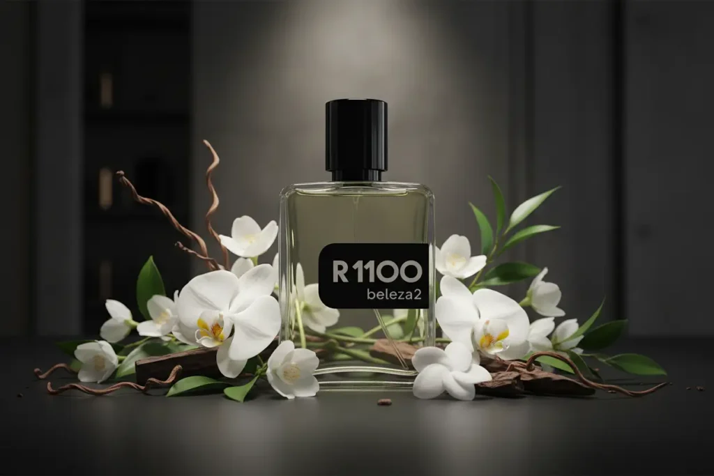 Perfume R1100 da Beleza2 inspirado no MYSLF em cenário moderno sofisticado com flores brancas e notas amadeiradas