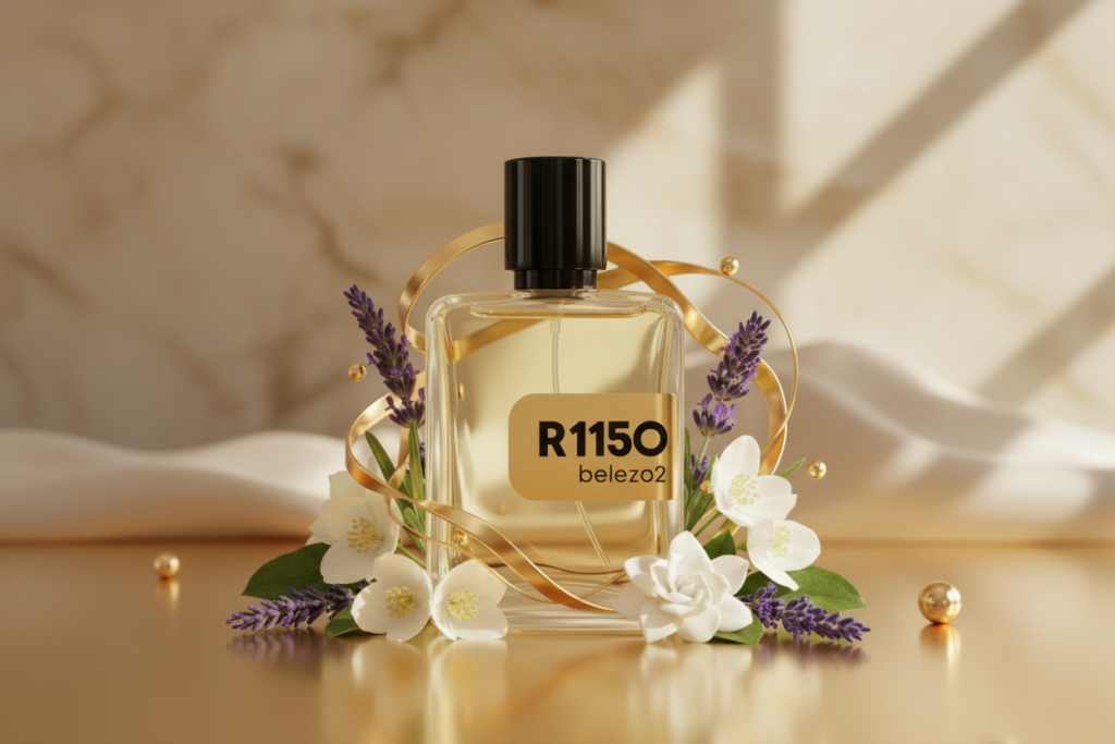 Perfume R1150 da Beleza2 inspirado no Libre em cenário sofisticado com lavanda, flores brancas e detalhes dourados