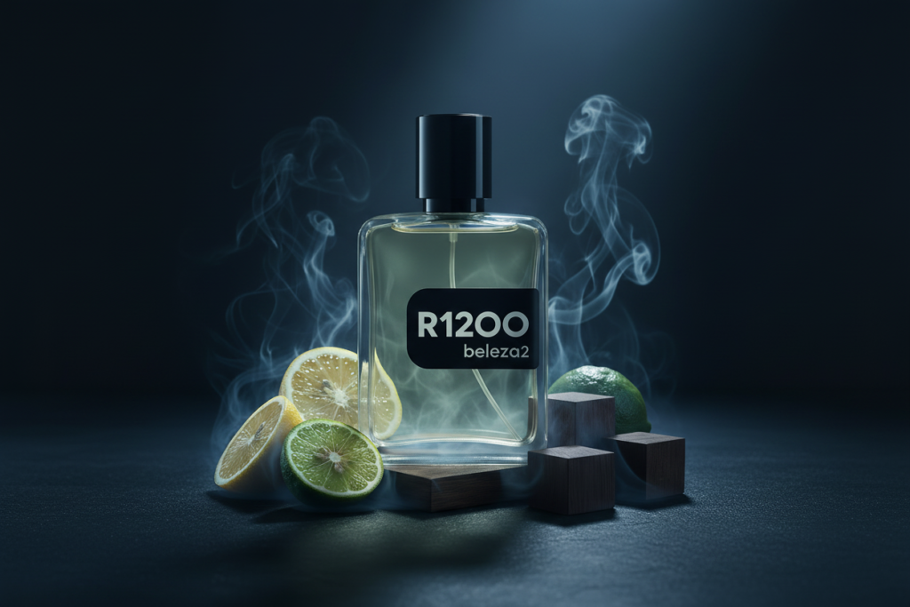 Perfume R1200 da Beleza2 inspirado no Bleu de Chanel em cenário sofisticado azul escuro com elementos cítricos e amadeirados