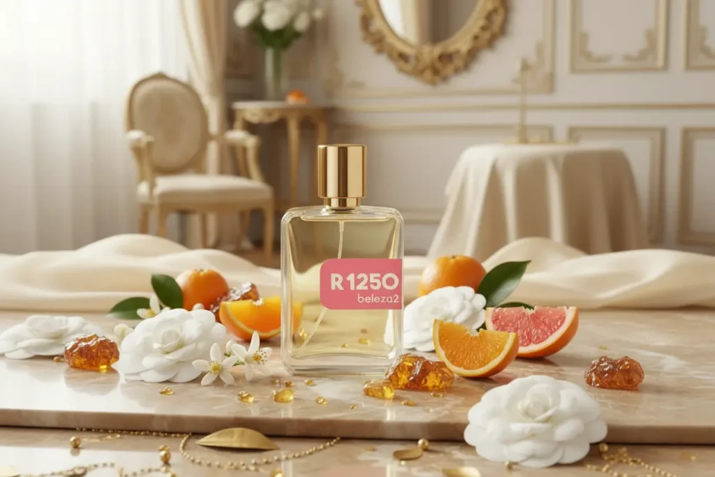 Perfume R1250 da Beleza2 inspirado no Coco Mademoiselle Intense em cenário sofisticado dourado com flores delicadas e notas cítricas elegantes