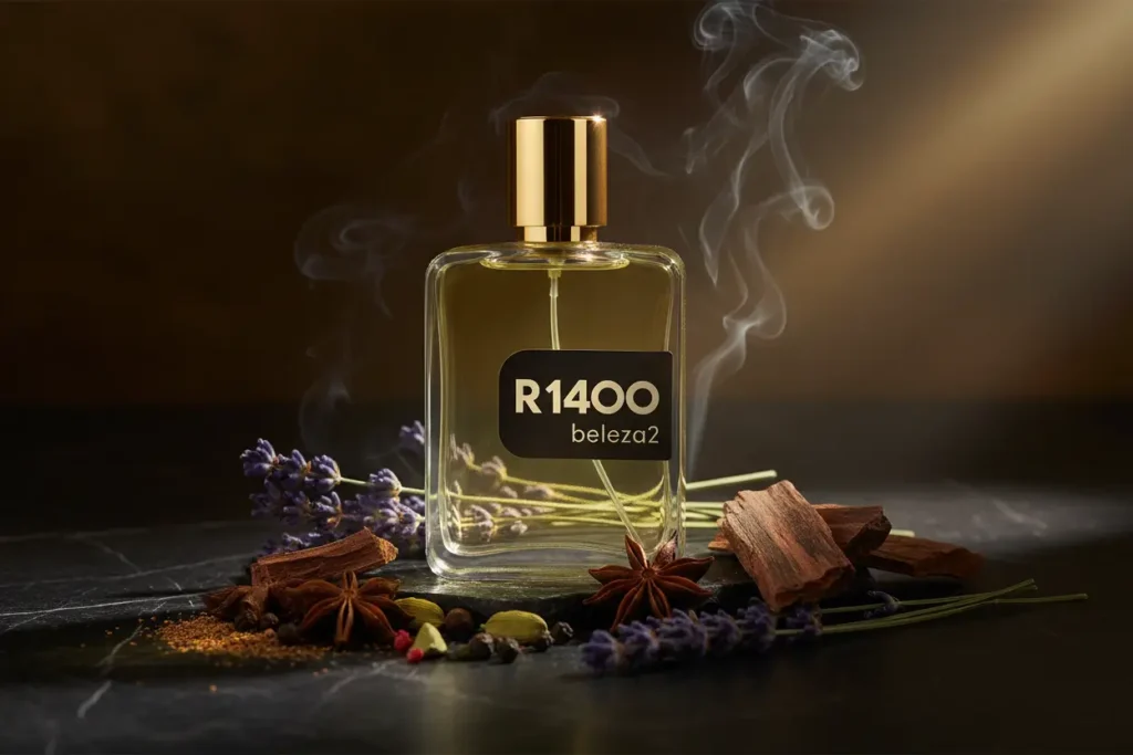 Perfume R1400 da Beleza2 inspirado no Dior Sauvage Elixir em cenário sofisticado escuro com especiarias, lavanda e iluminação dourada