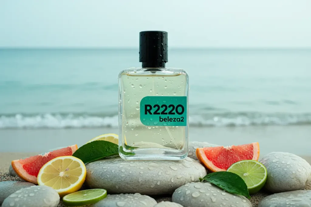 Perfume R2220 da Beleza2 inspirado no Pacific Chill em cenário refrescante com frutas cítricas, folhas verdes e atmosfera luxuosa de verão