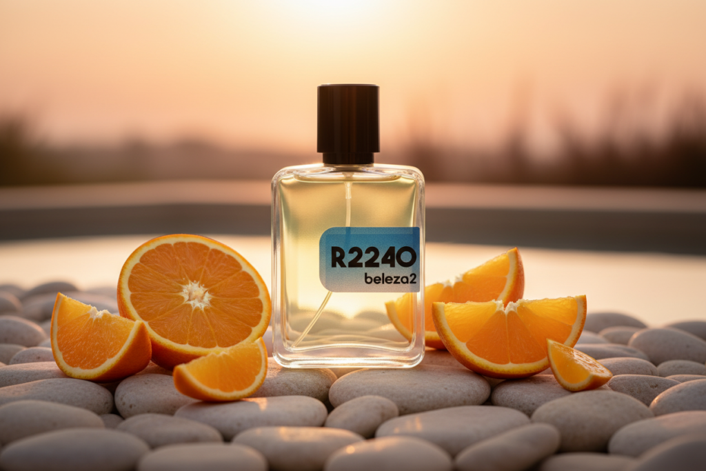 Perfume R2240 da Beleza2 inspirado no Afternoon Swim em cenário refrescante com laranjas cítricas, gotas de água e atmosfera luxuosa de verão