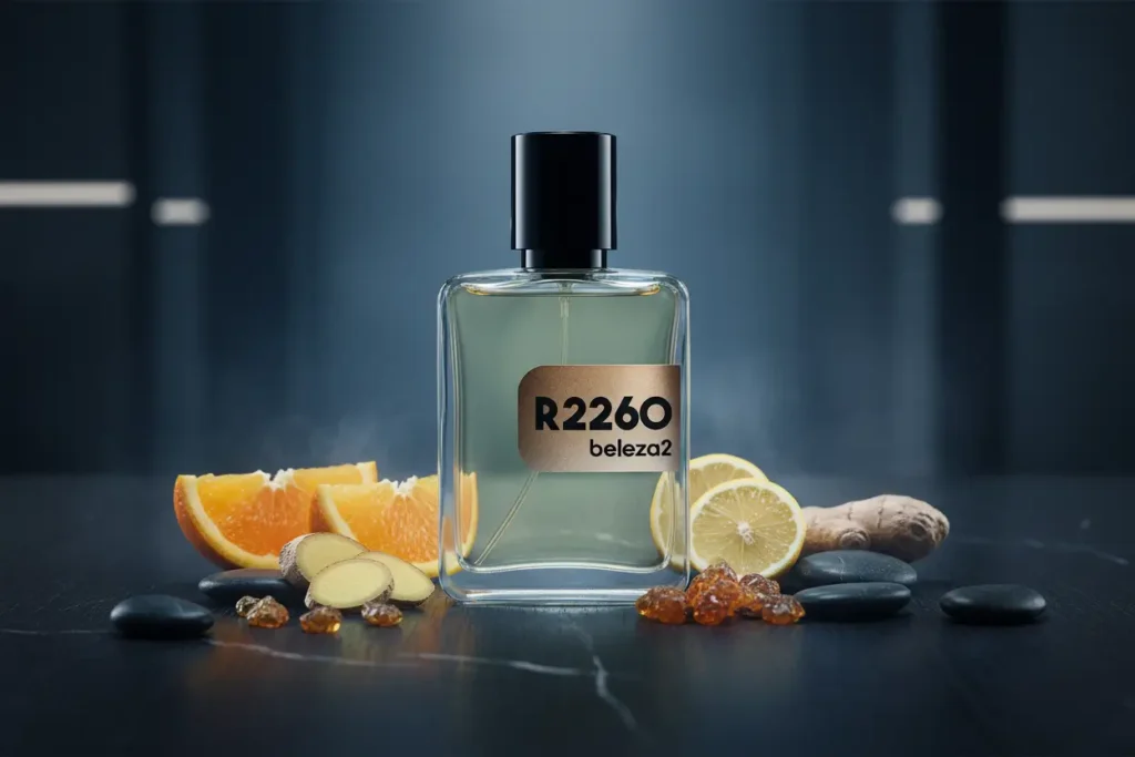 Perfume R2260 da Beleza2 inspirado no L'Immensité em cenário sofisticado azul escuro com frutas cítricas, gengibre e atmosfera moderna