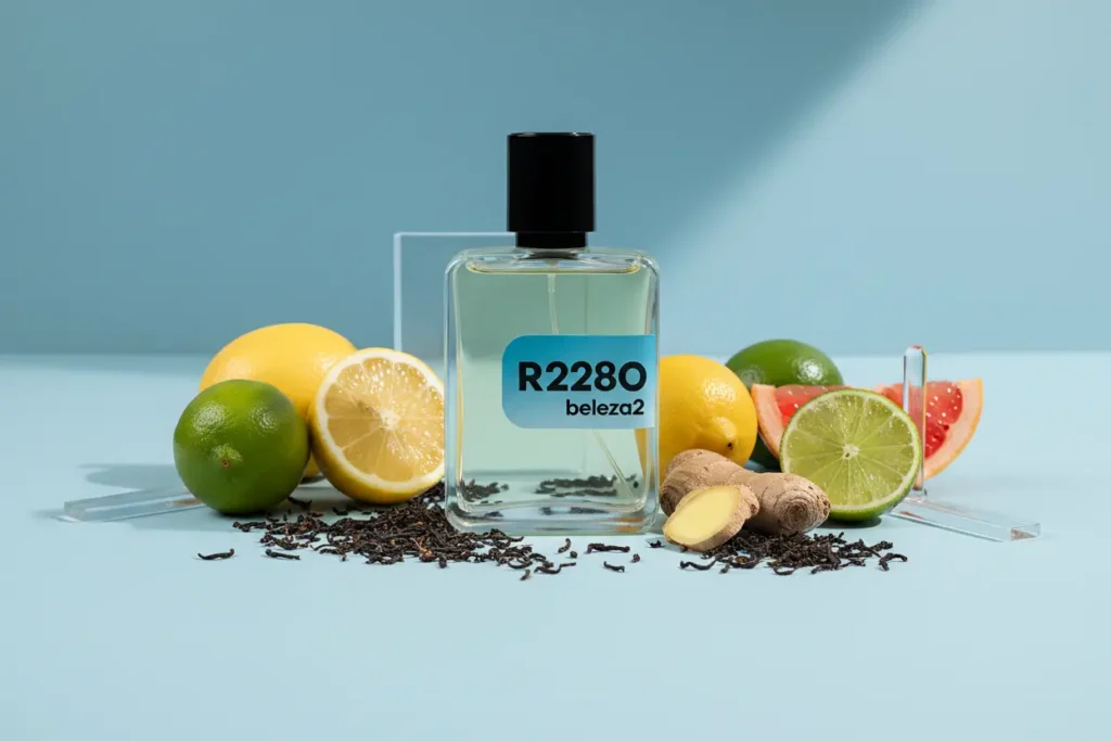 Perfume R2280 da Beleza2 inspirado no Imagination em cenário sofisticado azul-claro com frutas cítricas, gengibre e atmosfera luxuosa moderna