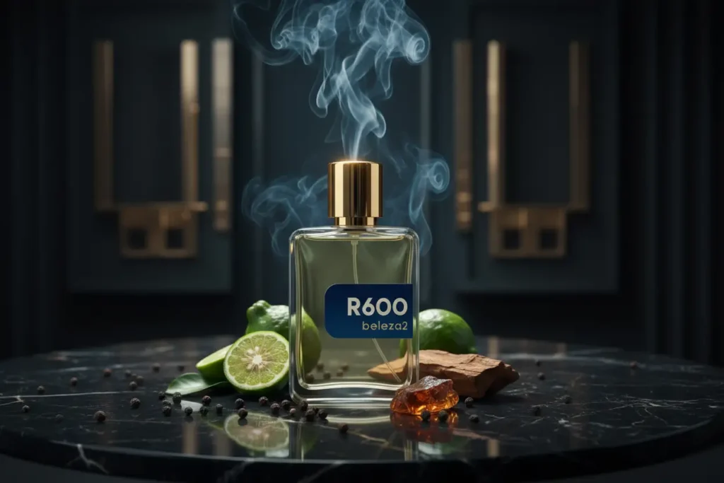 Frasco do perfume R600 da Beleza2 inspirado no Dior Sauvage EDT com essência francesa, rodeado por bergamota, pimenta preta e notas amadeiradas em cenário luxuoso masculino