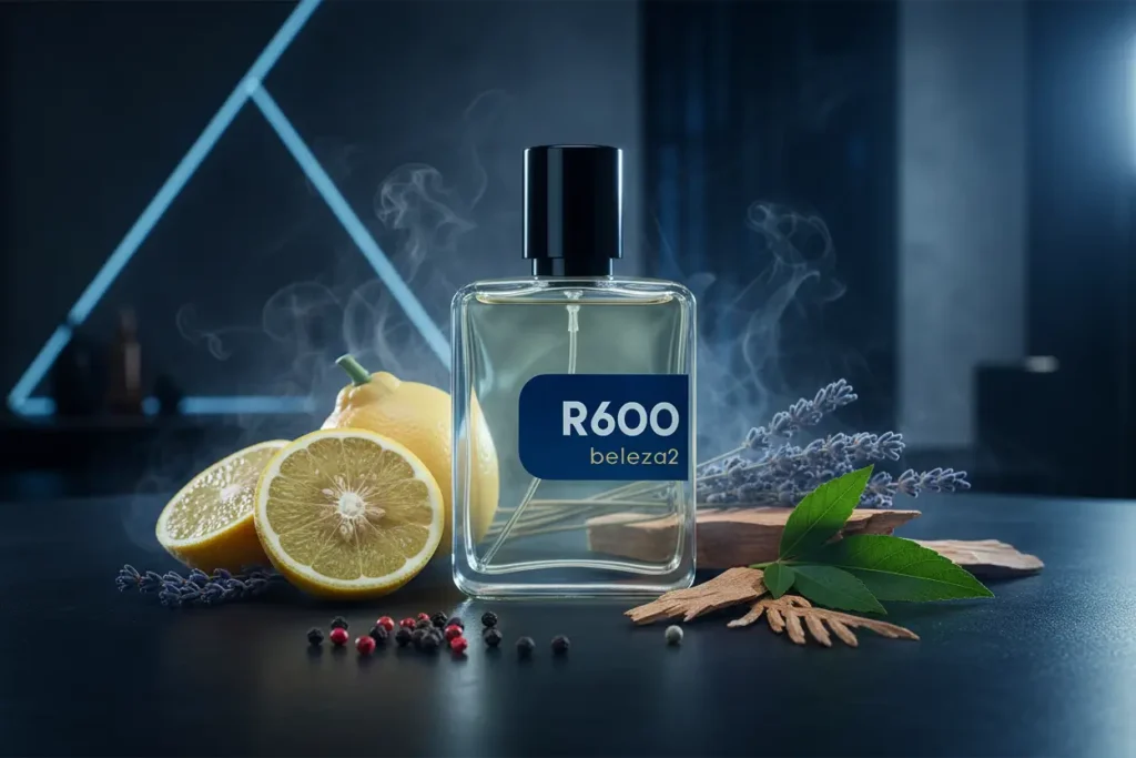 Perfume R600 da Beleza2 inspirado no Sauvage Eau de Toilette em cenário sofisticado escuro com atmosfera masculina moderna