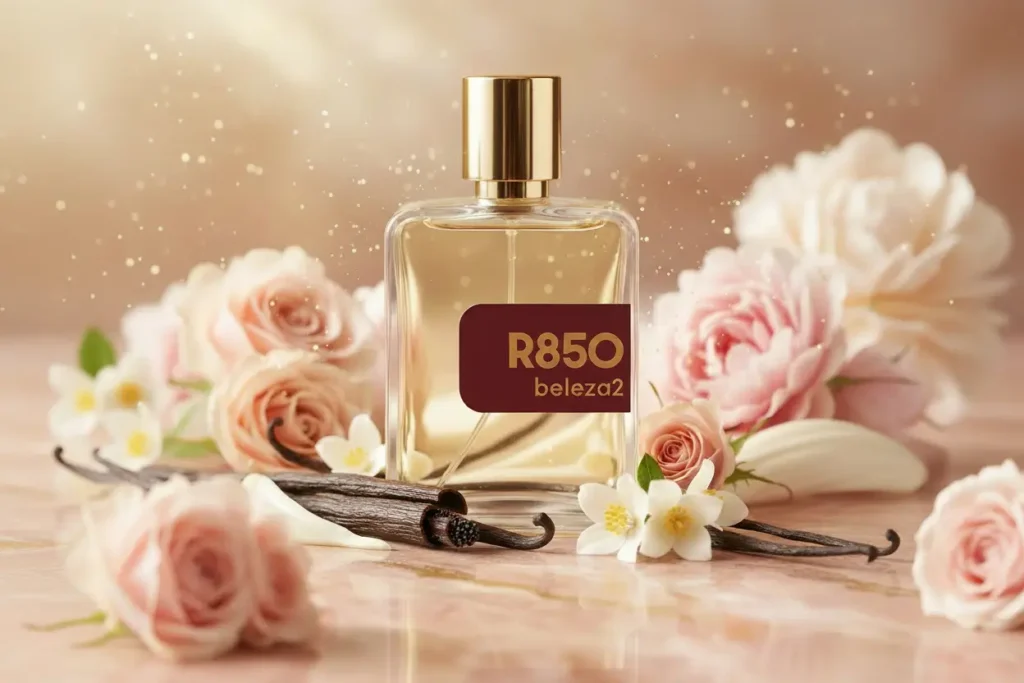 Perfume R850 da Beleza2 inspirado no Scandal Le Parfum em cenário luxuoso preto e dourado com flores e mel dourado