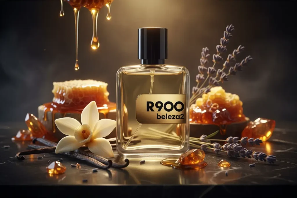 Perfume R900 da Beleza2 inspirado no Le Male Elixir em cenário luxuoso escuro com baunilha, mel e iluminação dourada