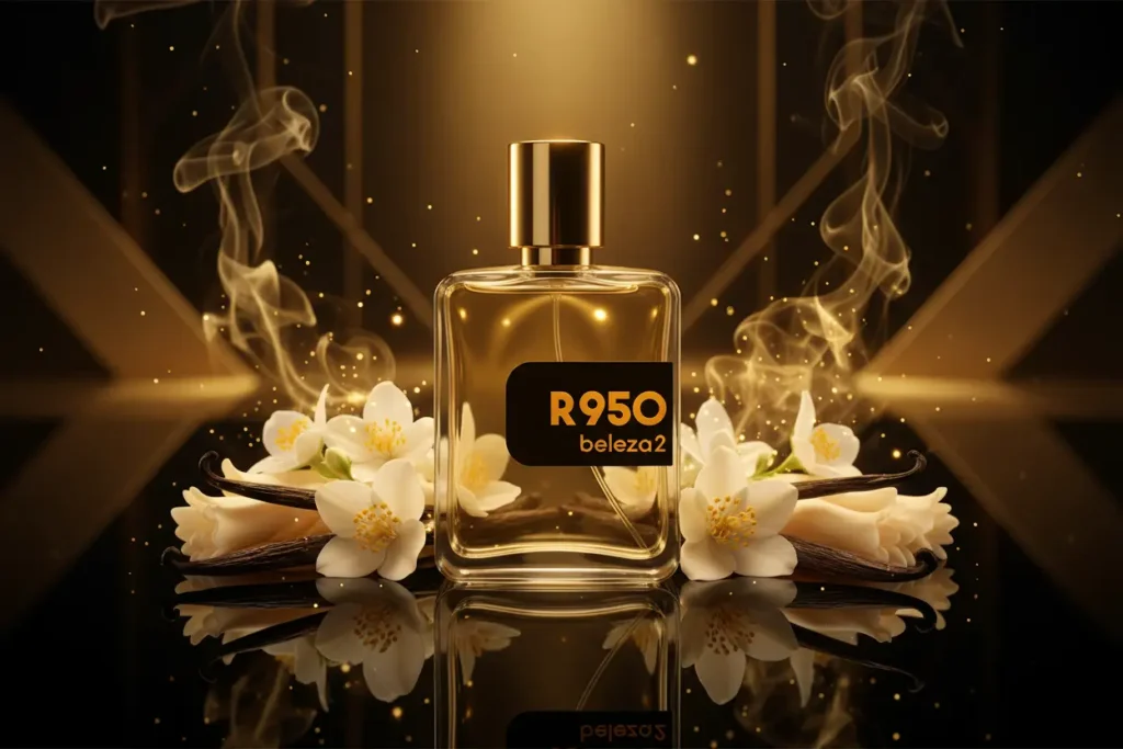 Perfume R950 da Beleza2 inspirado no Good Girl em cenário luxuoso feminino com flores brancas e iluminação dourada